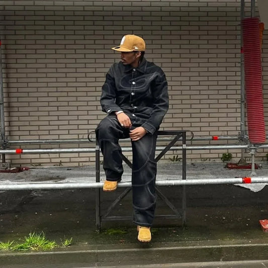 Mens Black Denim Button up Cardigan Jacket Straight Leg Jeans 2 Piece Set Gothic Retro Slim Fit Trendy Versatile Casual Outfit